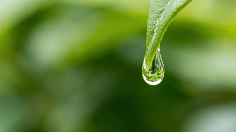 Water droplet hanging from the tip of a green leaf in a natural setting