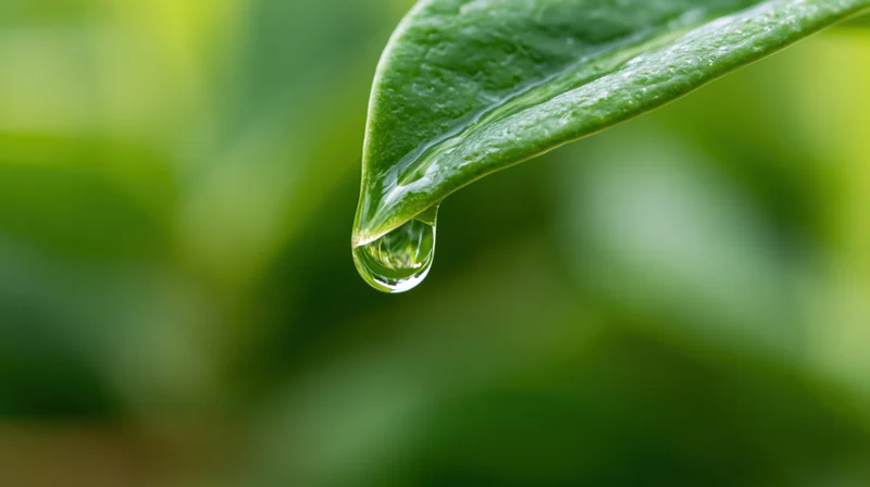 Water droplet hanging from the tip of a green leaf in a natural setting