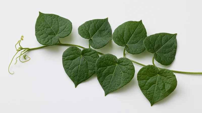 Cucumber vine with seven heart-shaped leaves and tendrils laid flat on white background