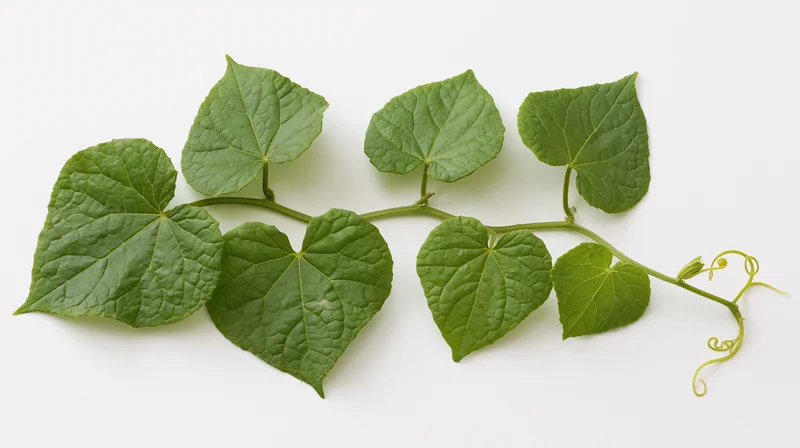 Cucumber vine with seven leaves and tendrils laid flat on white surface