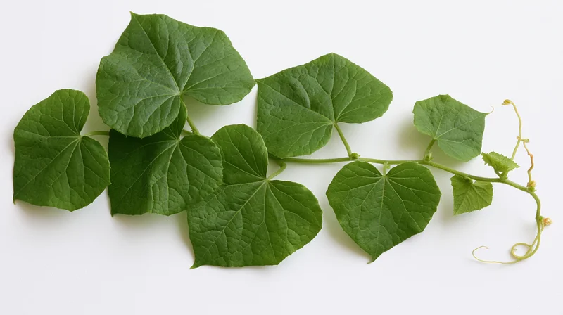 Cucumber vine with seven leaves and tendrils laid flat on white background