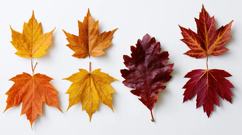 Six maple leaves in autumn colors arranged in two rows on white background