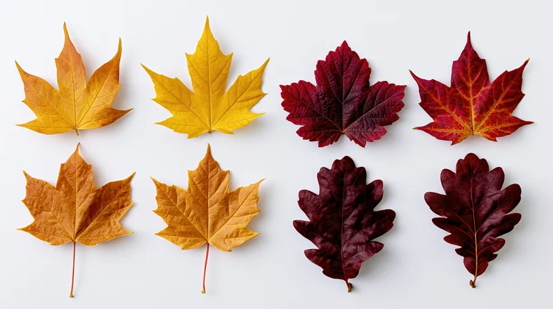 Six autumn leaves arranged in two rows on a white background