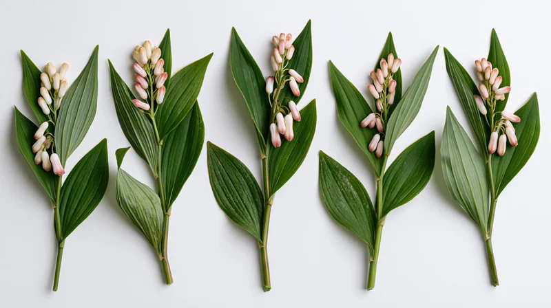 Five solomonseal plant specimens arranged in a row on a white background