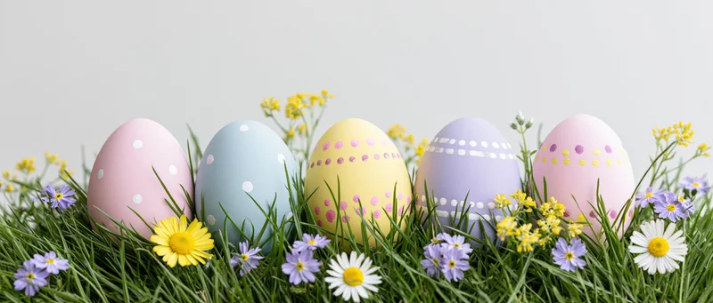 Six decorated easter eggs in pastel colors nestled in green grass with wildflowers