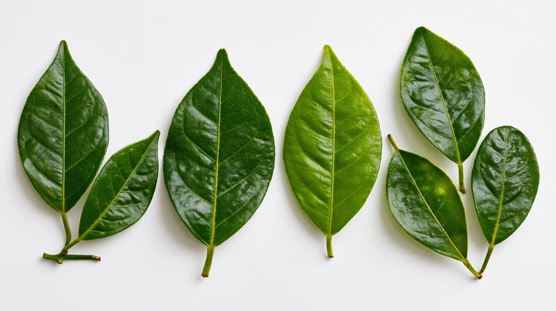 Citrus leaves arranged in a flat lay on a white surface