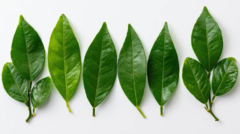 Six fresh citrus leaves arranged in a flat lay on a white background