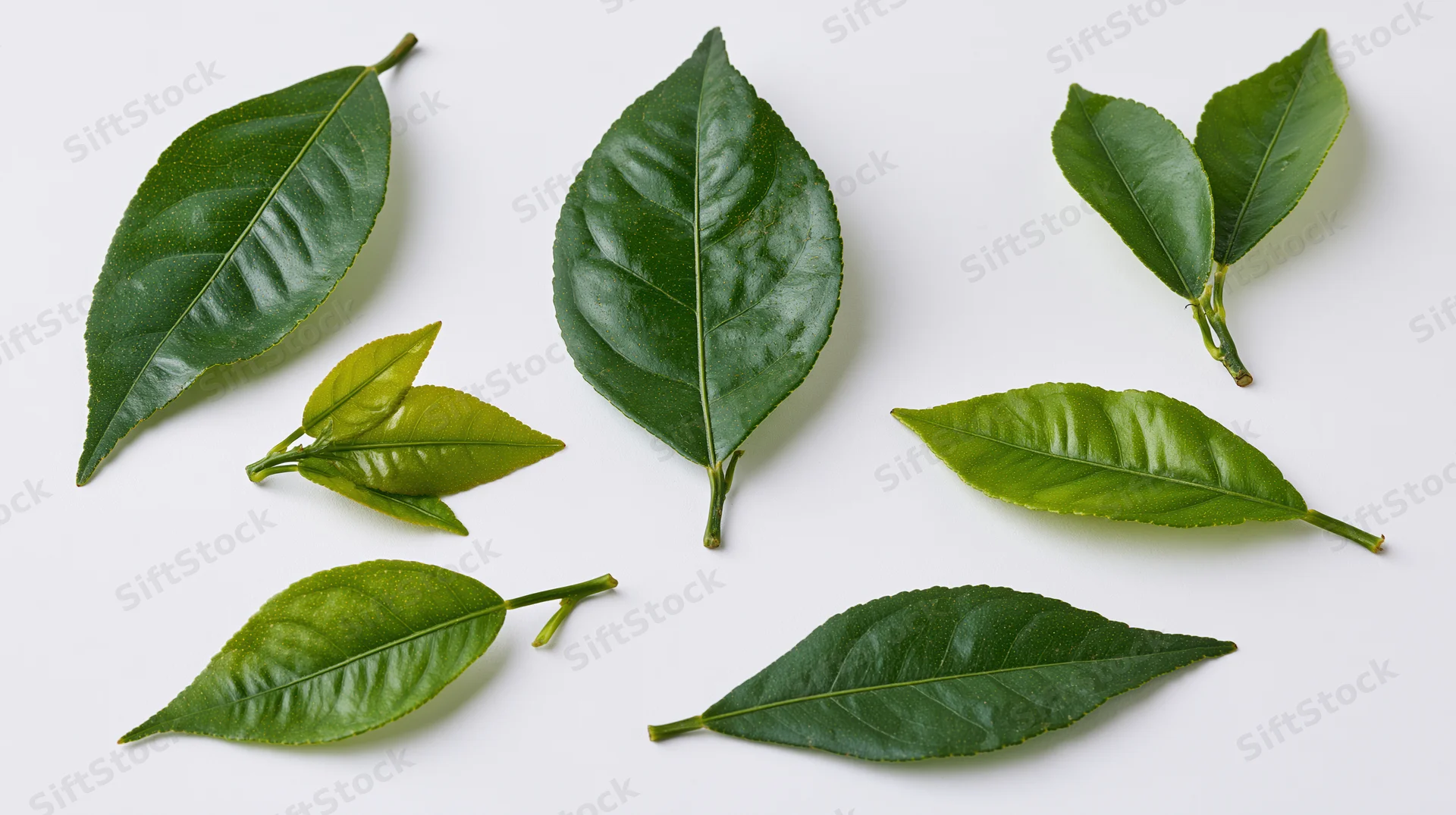 Citrus leaves arranged separately on a white background
