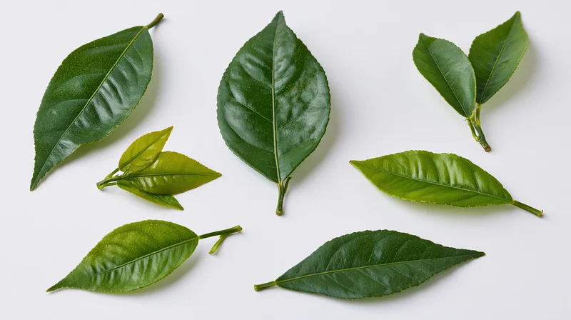 Citrus leaves arranged separately on a white background