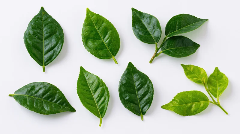 Fresh citrus leaves arranged separately on a white background