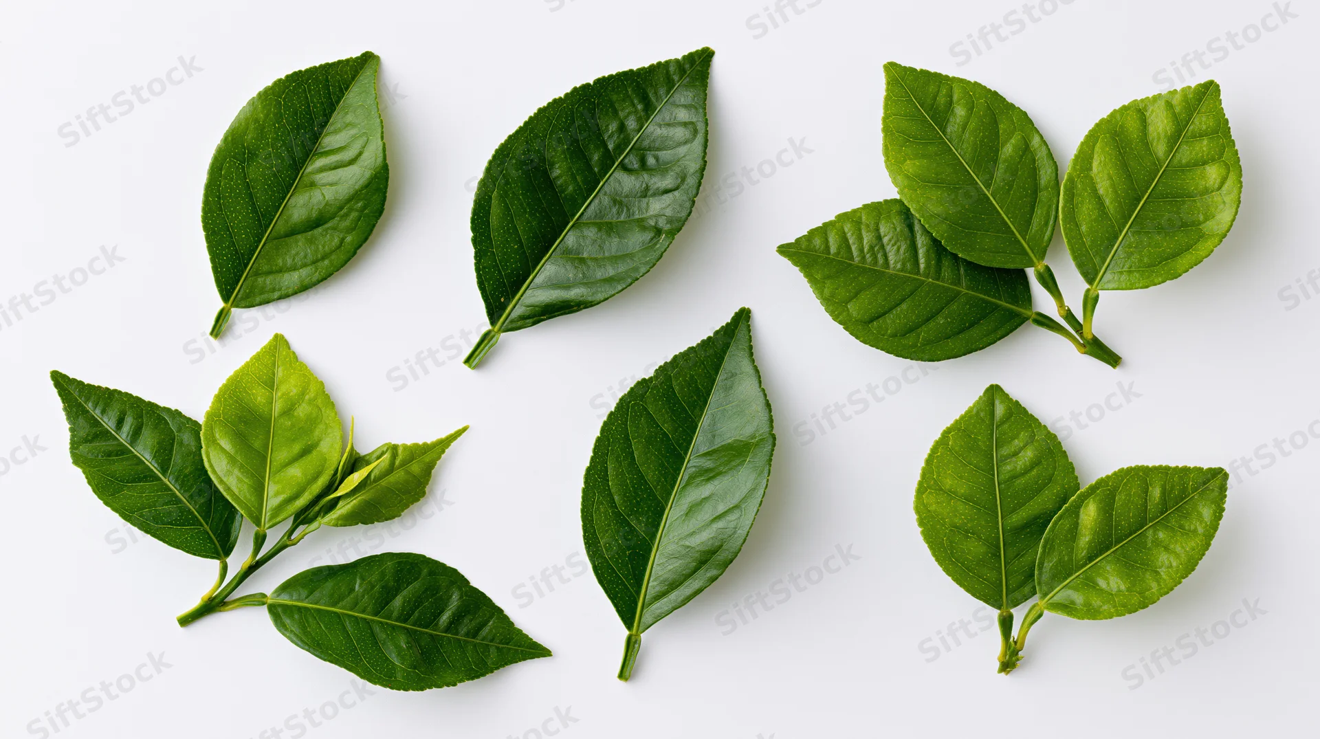 Citrus leaves arranged separately on a white background