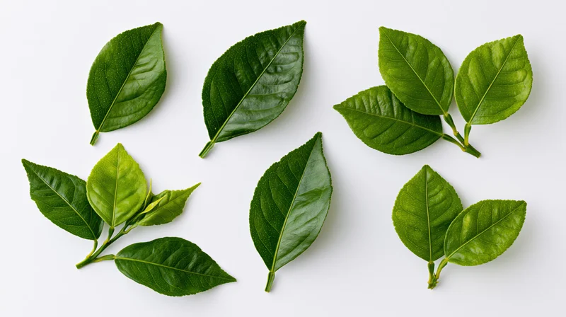 Citrus leaves arranged separately on a white background
