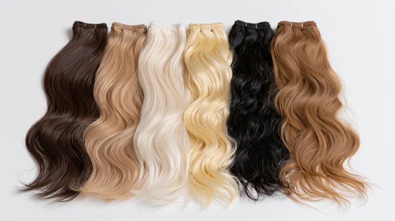 Six wavy hair extension wefts arranged side by side on a white surface