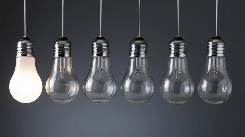 Six incandescent lightbulbs hanging in a row with one illuminated against a dark gradient background