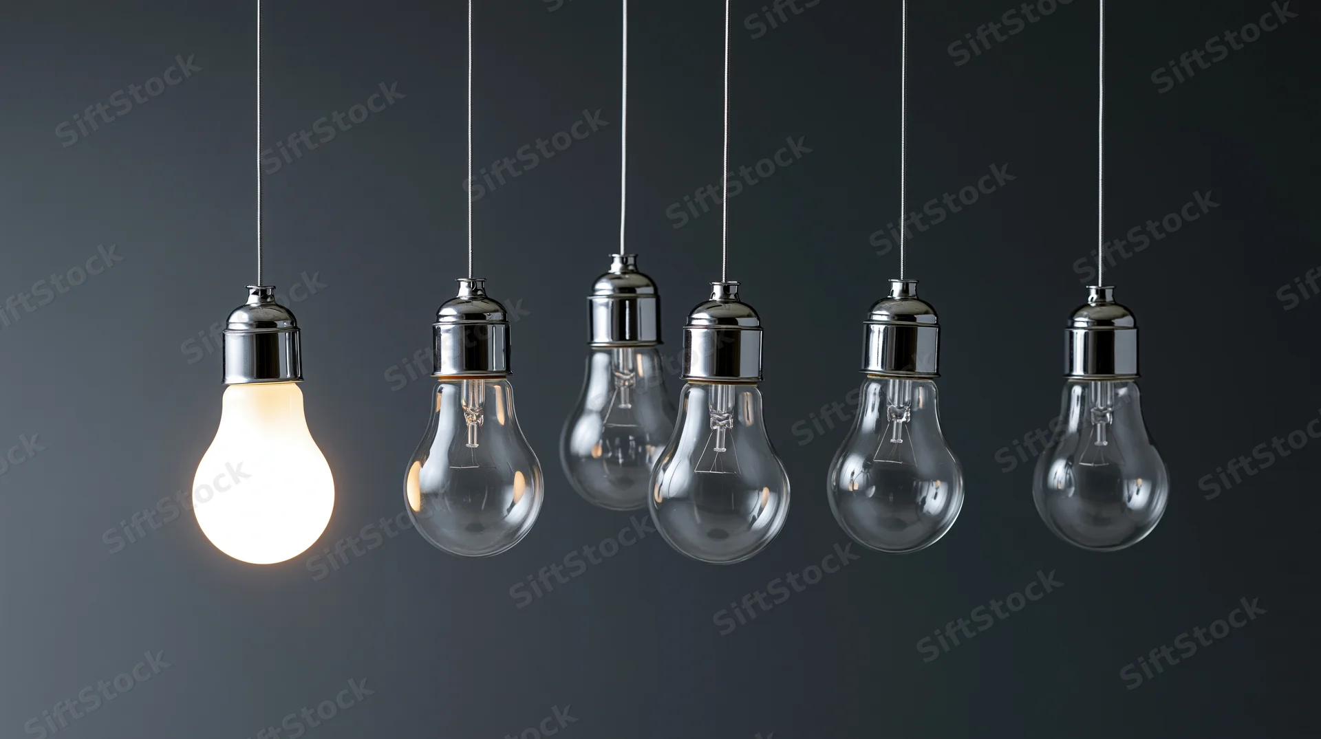 Six incandescent lightbulbs hanging in a row with one illuminated against a dark background