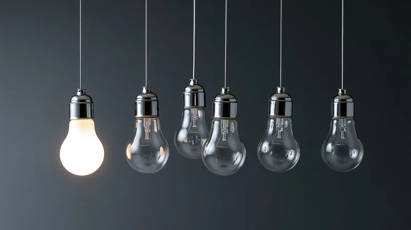 Six incandescent lightbulbs hanging in a row with one illuminated against a dark background