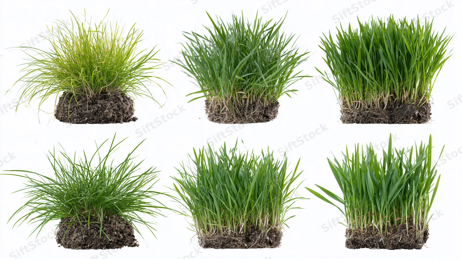 Six grass clump specimens with roots and soil arranged in two rows on white background