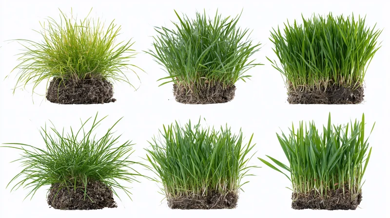 Six grass clump specimens with roots and soil arranged in two rows on white background
