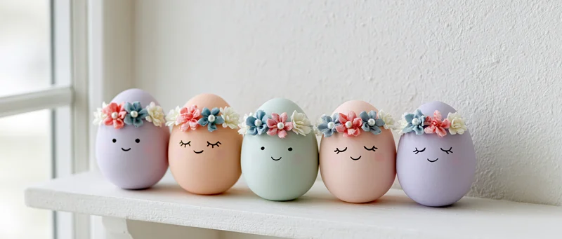 Five pastel-colored decorated eggs with cartoon faces and flower crowns arranged in a row on a white shelf near a window