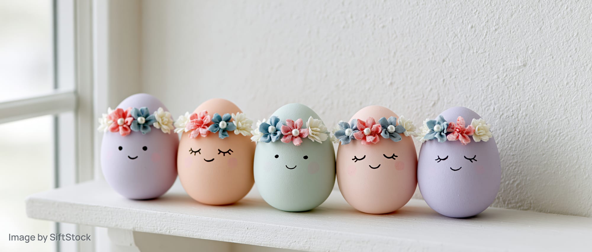Five pastel-colored decorated eggs with cartoon faces and flower crowns arranged in a row on a white shelf near a window
