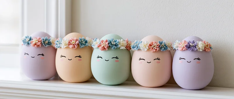 Six pastel easter eggs with cartoon faces and floral crowns arranged in a row on a windowsill