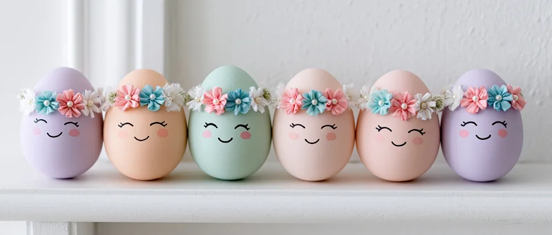 Six pastel-colored Easter eggs with cartoon faces and flower wreaths arranged in a row on a white shelf