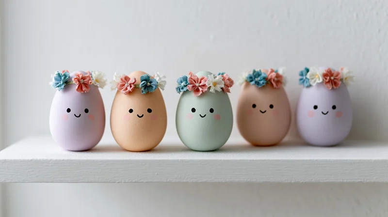 Five pastel-colored easter eggs with cartoon faces and floral crowns arranged in a row on a white shelf