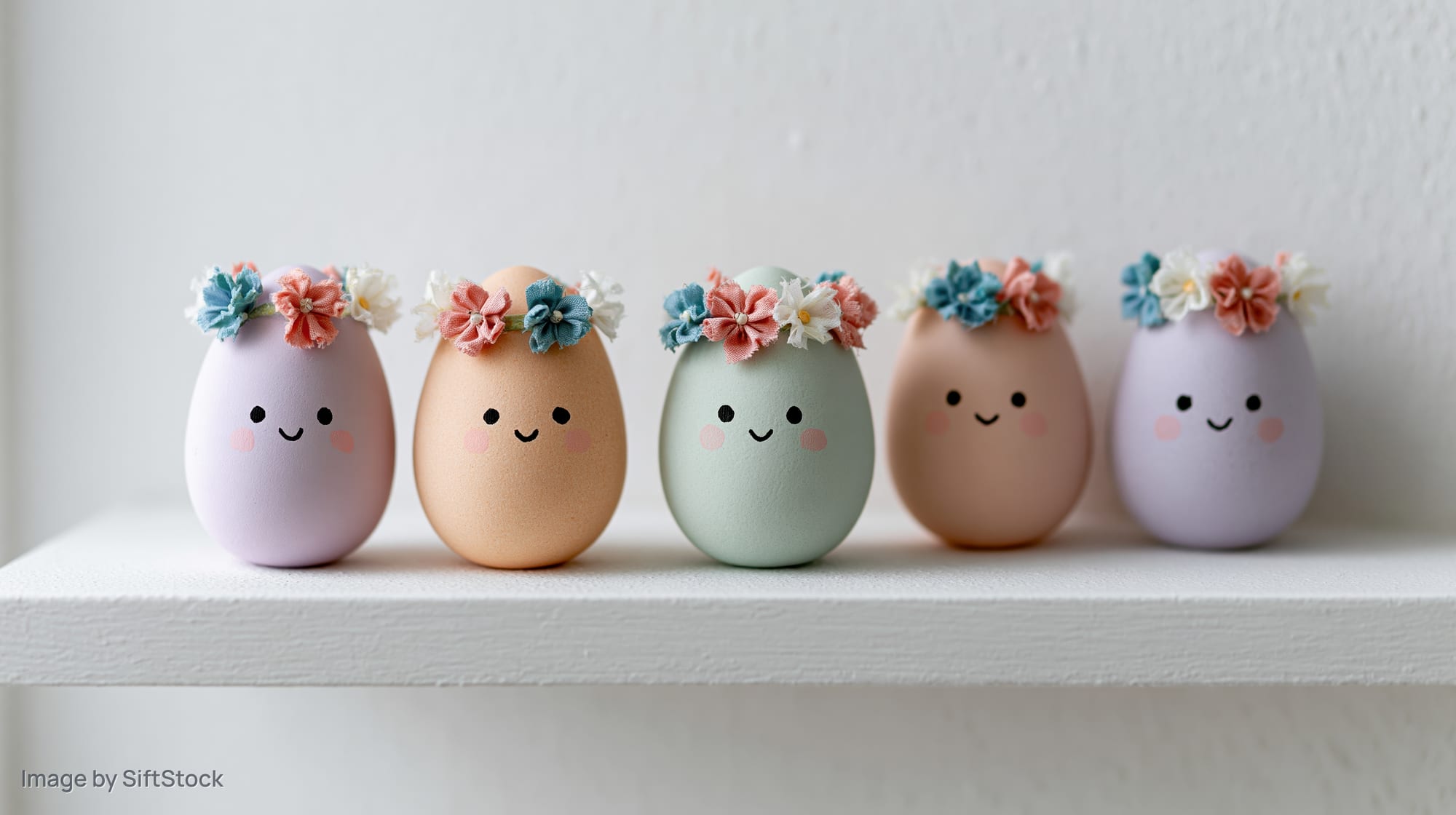 Five pastel-colored easter eggs with cartoon faces and floral crowns arranged in a row on a white shelf