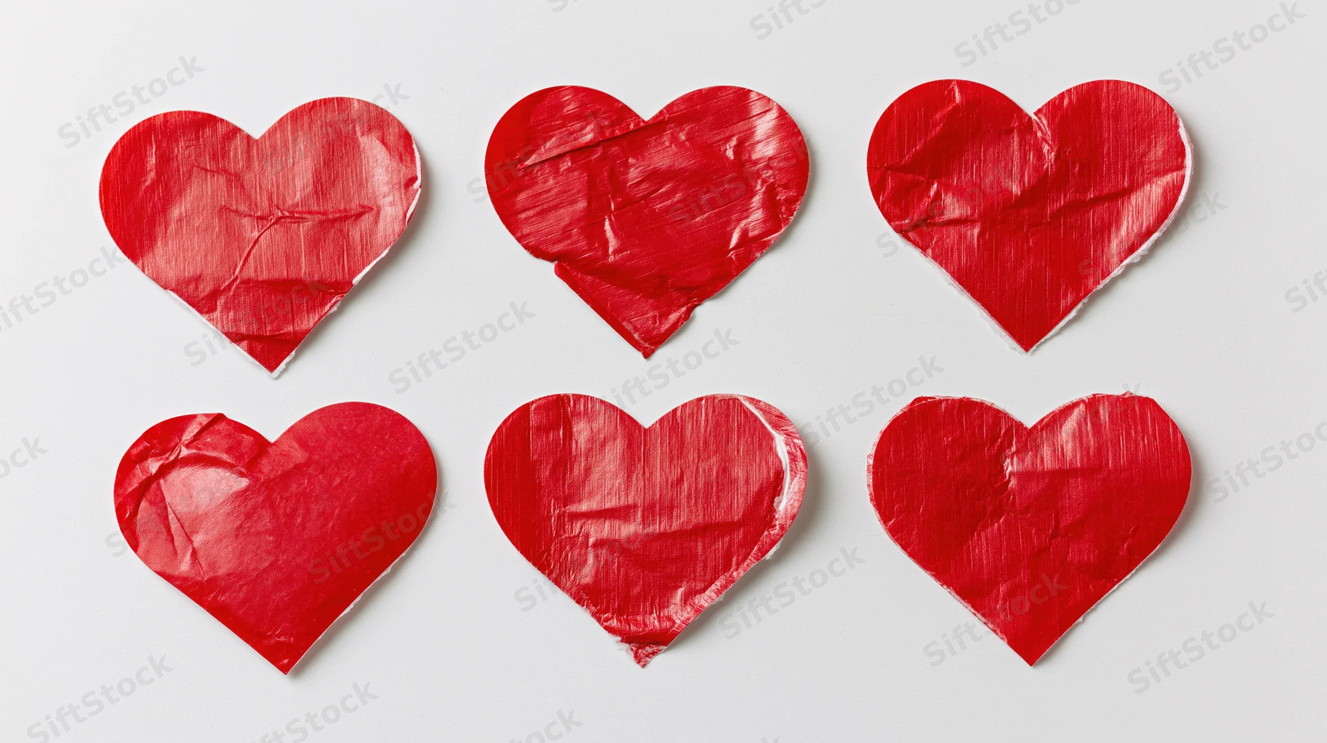Six red heart-shaped adhesive stickers arranged in a grid on a white background