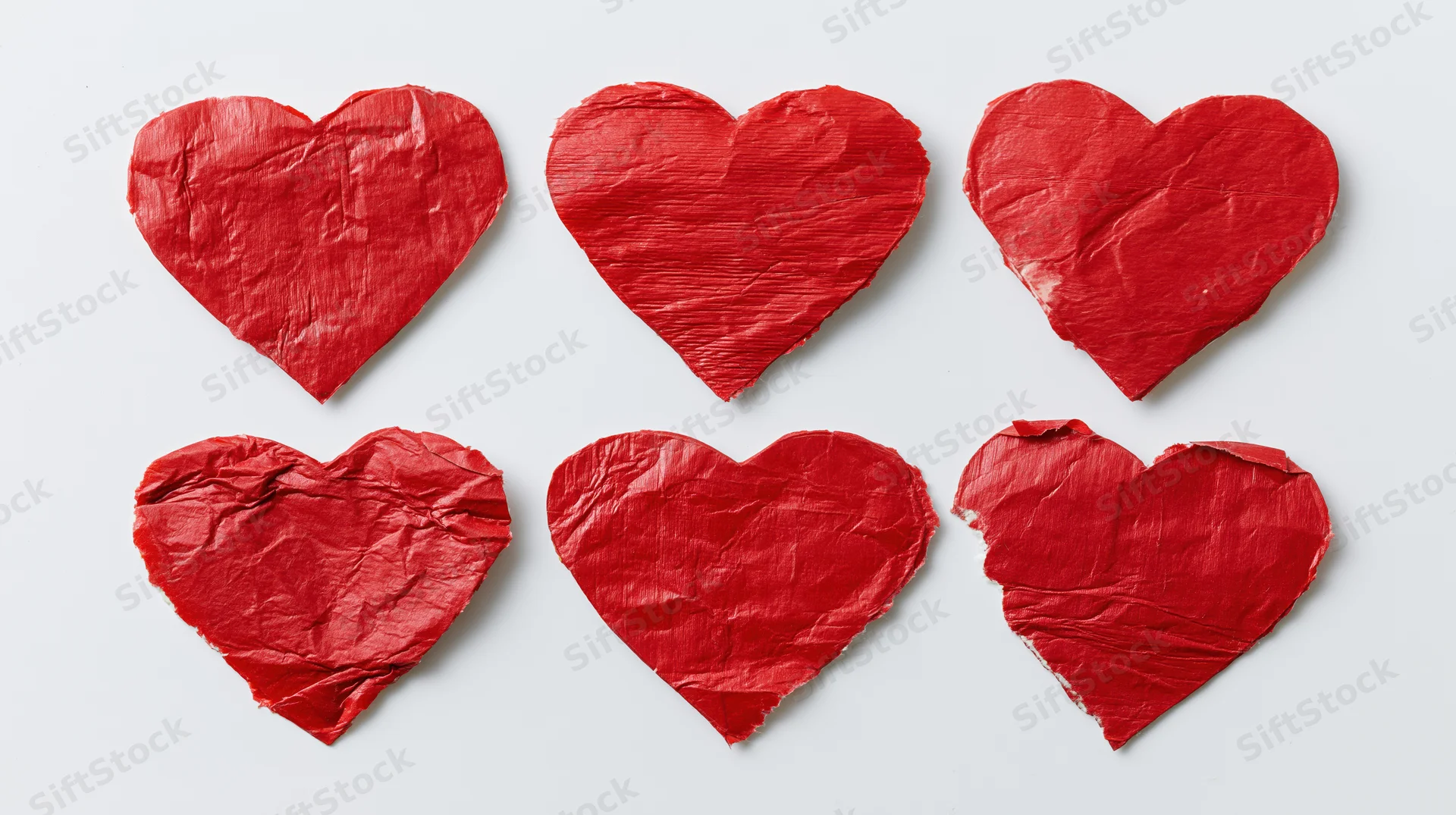 Six red crumpled paper hearts arranged in a grid on a white background