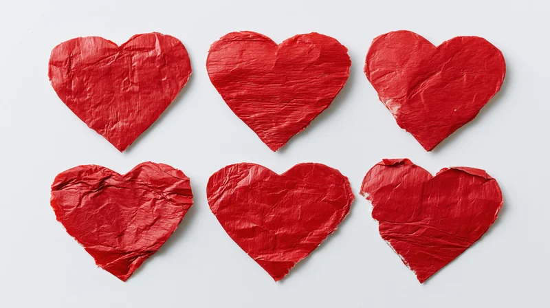 Six red crumpled paper hearts arranged in a grid on a white background