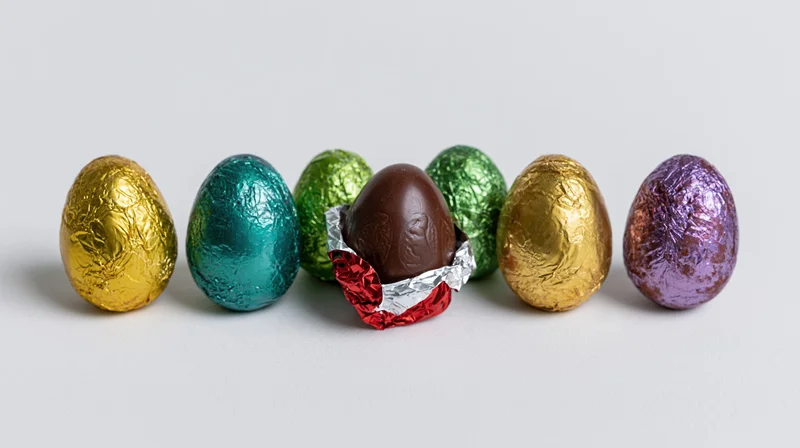 Six foil-wrapped chocolate easter eggs in a row on white surface, one partially unwrapped to reveal chocolate interior