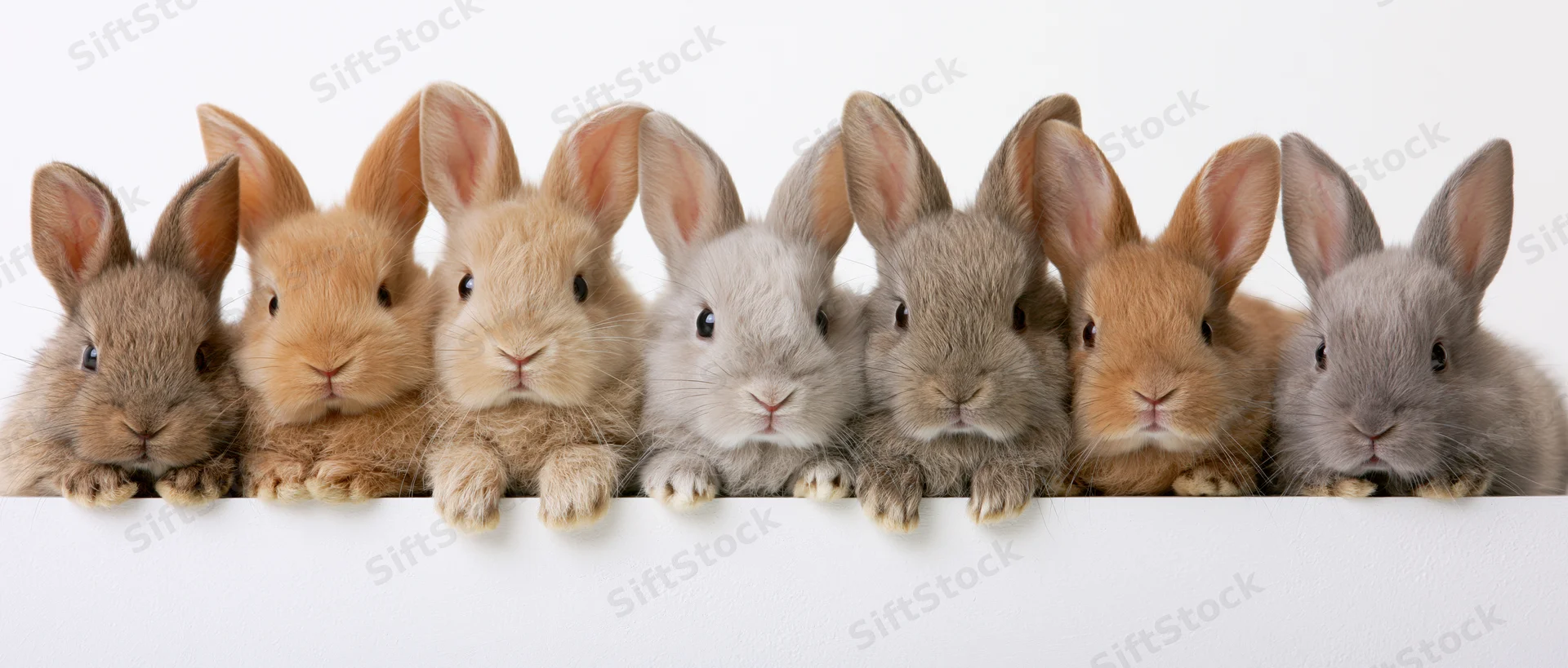 Six young rabbits peeking over a white surface in a row