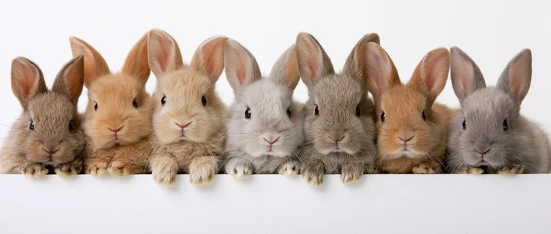 Six young rabbits peeking over a white surface in a row