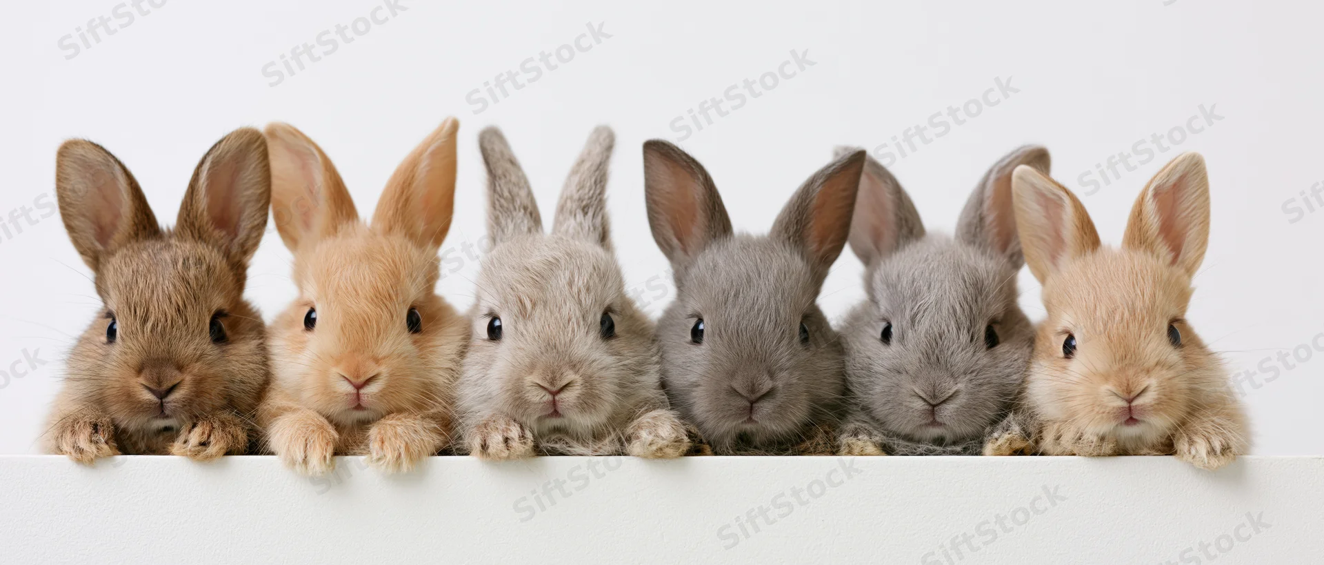 Six young rabbits in a row peeking over a white surface in a studio setting