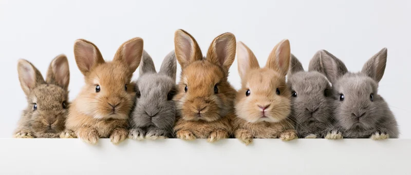 Six young rabbits peeking over a white edge in a studio setting