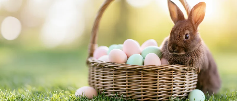 Small brown rabbit sitting in wicker basket filled with pastel eggs on grass outdoors