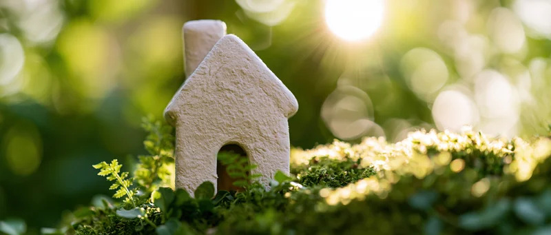 Ceramic miniature house figurine resting on mossy ground in a sunlit garden