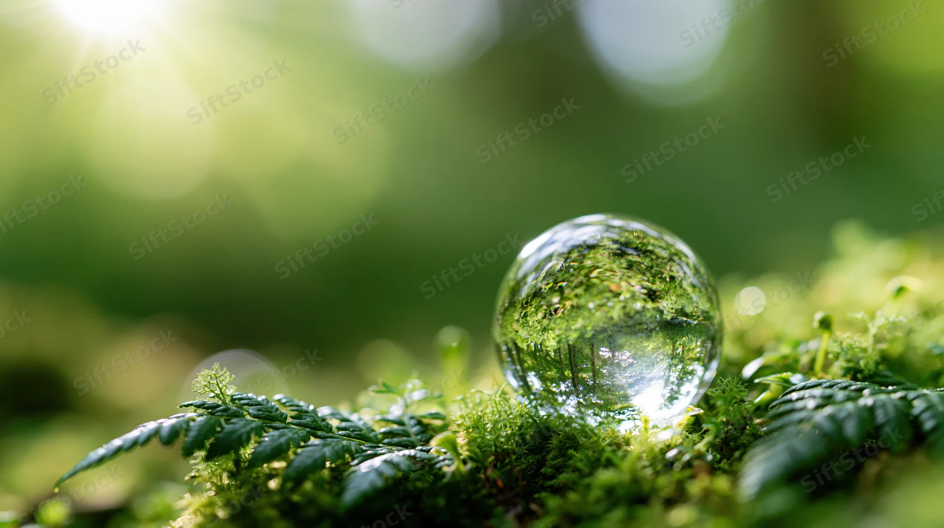 Clear glass globe resting on moss and ferns in a sunlit forest setting