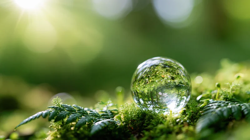 Clear glass globe resting on moss and ferns in a sunlit forest setting