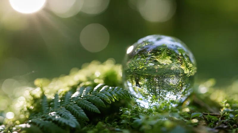 Clear glass globe resting on moss and ferns in a sunlit forest, reflecting green foliage