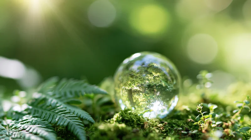 Clear glass globe resting on moss and ferns in a sunlit forest setting