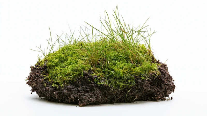 Clump of green moss and thin grass blades growing on soil against white background