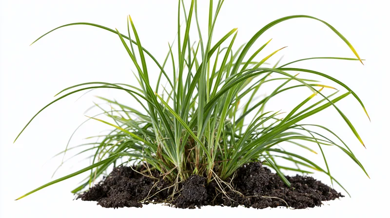 Small clump of wild grass with visible roots and dark soil isolated on white background