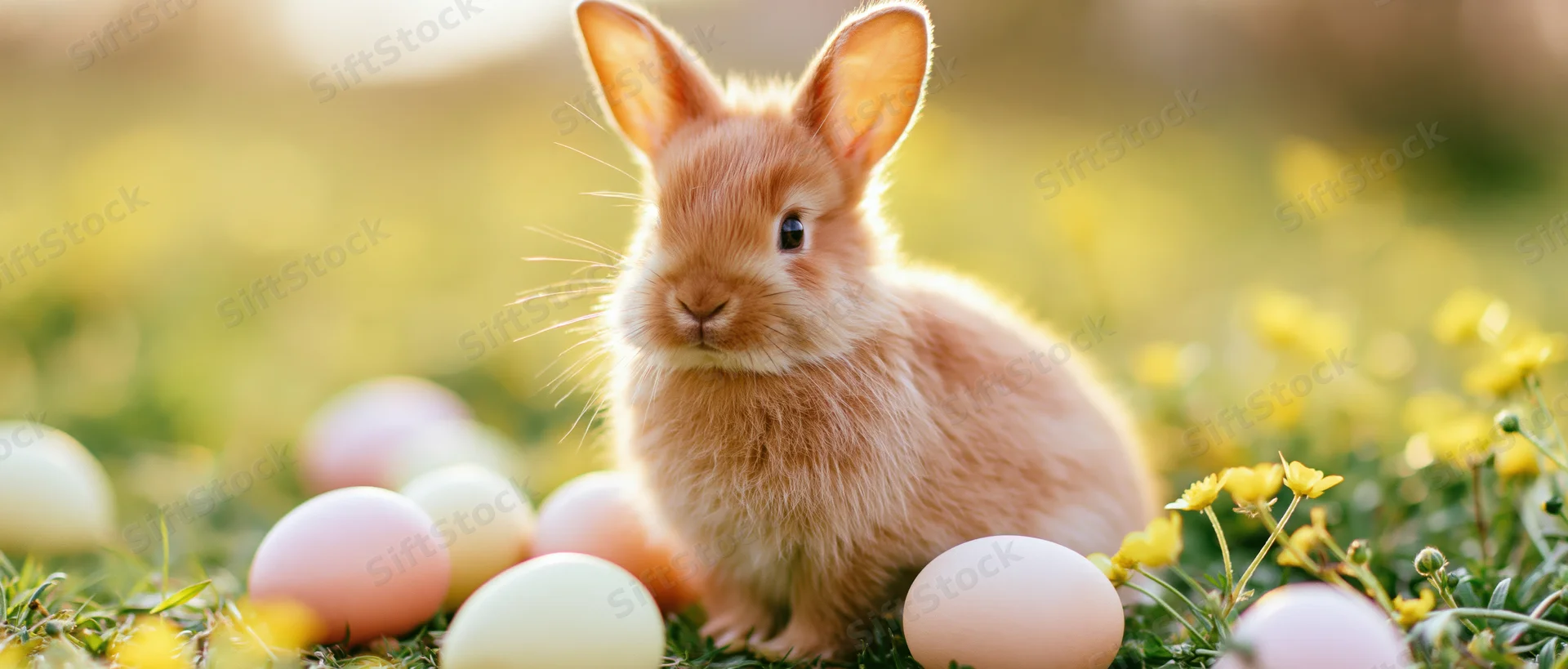 Ginger rabbit sitting upright among pastel eggs and yellow flowers in a sunlit meadow