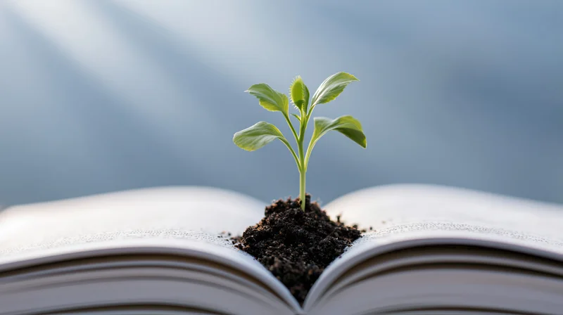 Small green seedling growing from soil placed on open book pages
