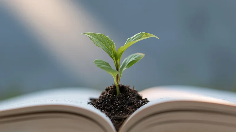 Small green seedling growing from soil placed on open book pages