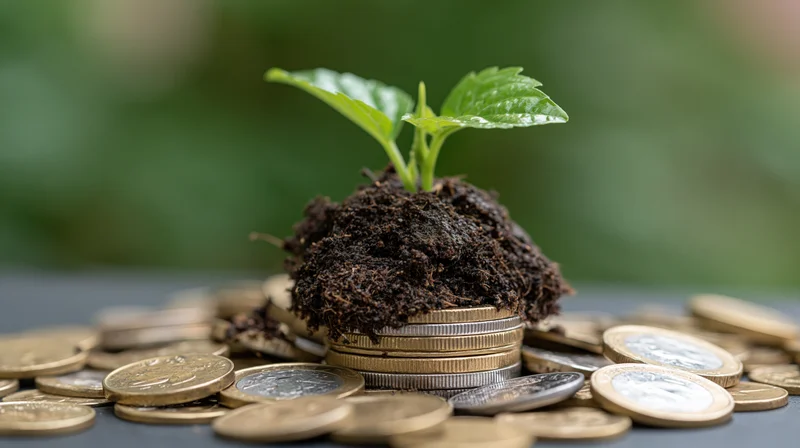 Small green seedling sprouting from soil atop a stack of coins surrounded by scattered currency on a dark surface
