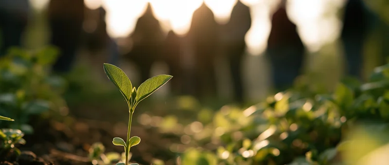 Small green seedling with two open leaves in sharp focus against blurred garden background at sunrise