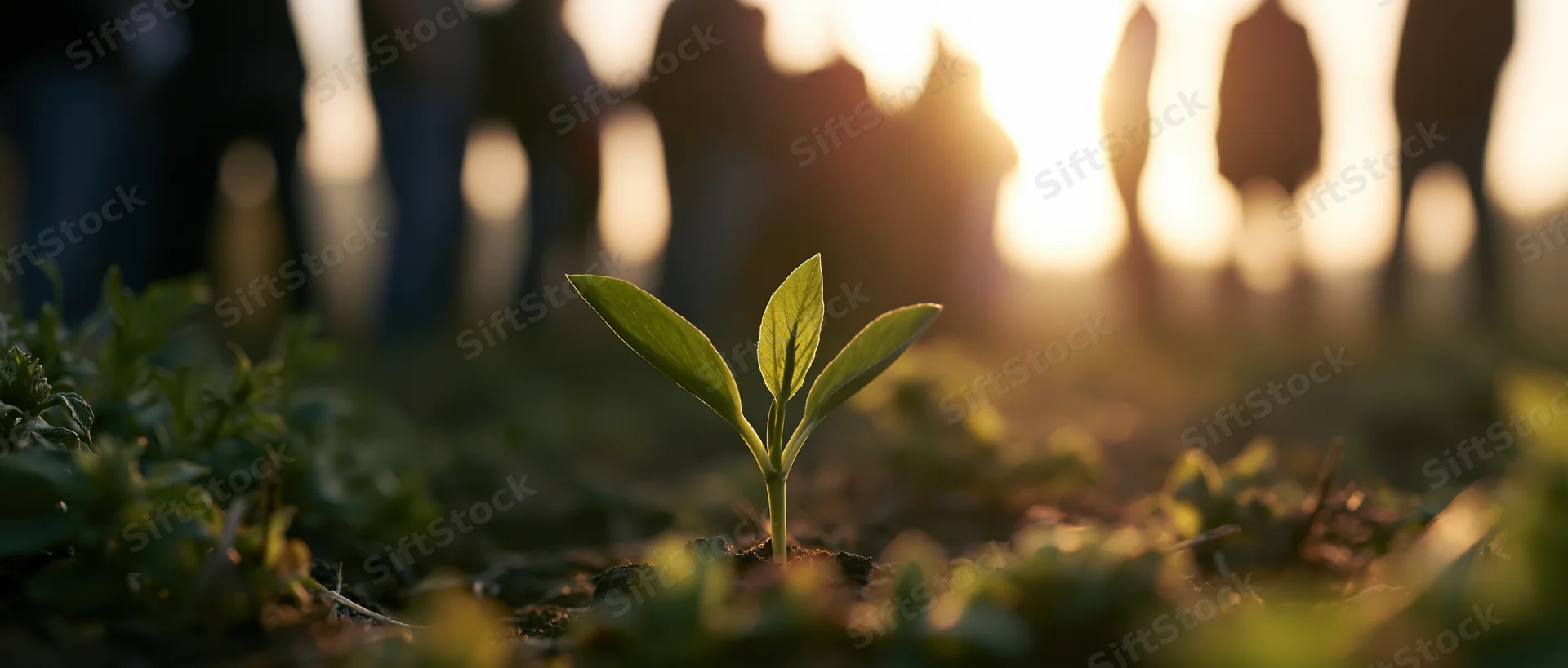 Small green seedling with two open leaves growing in soil at sunset with blurred people in background